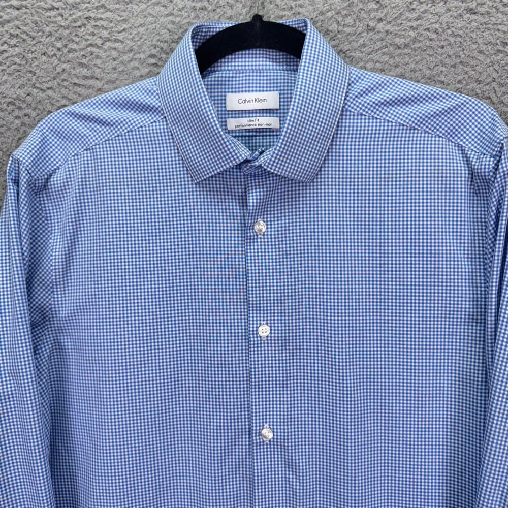 Calvin Klein Dress Shirt Mens 15.5 Blue Slim Performance Non-Iron Office Preppy